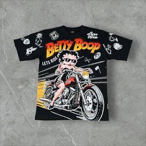 Betty Boop Motorcycle AOP Cartoon All Over Print Size XL Black T-Shirt